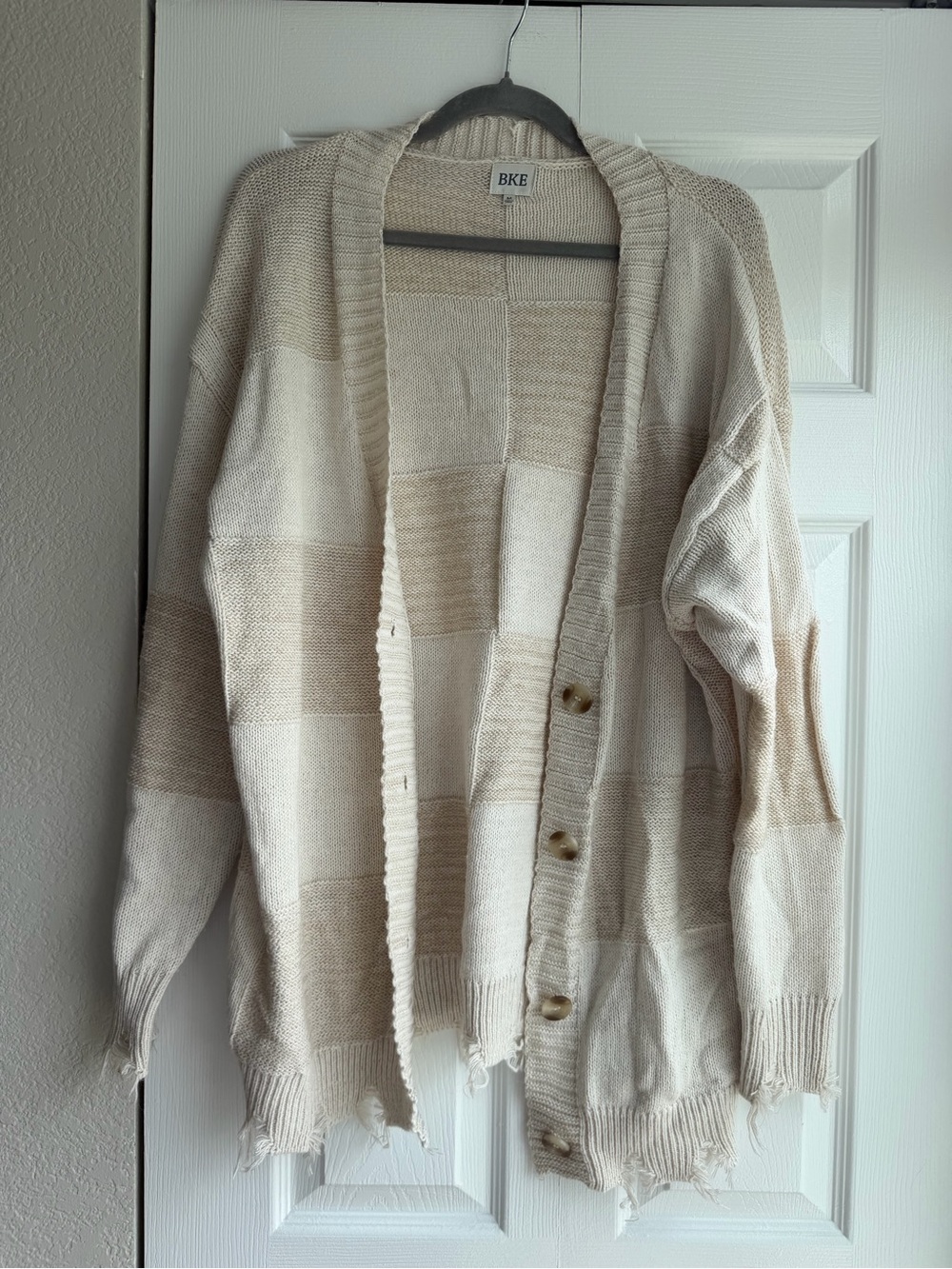 BKE Neutral Cream and Beige Patchwork Open Cardigan